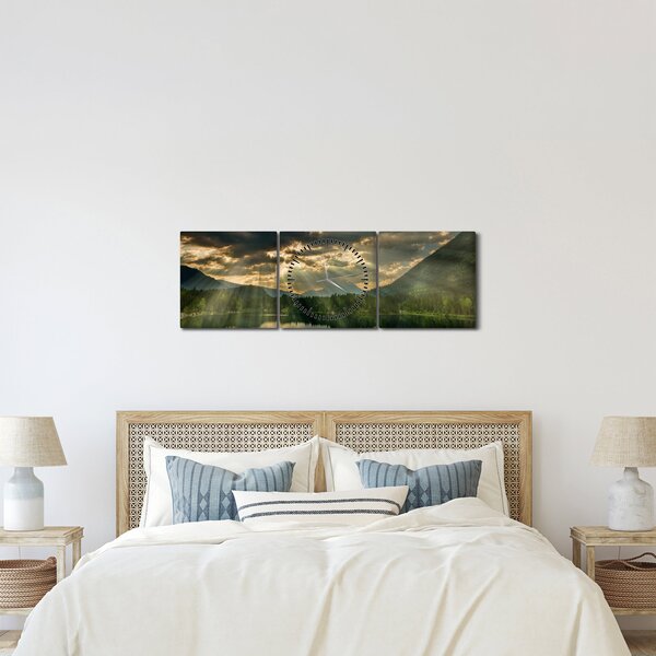 Obraz jeziora, przez które prześwieca słońce (z zegarem) (90x30 cm)