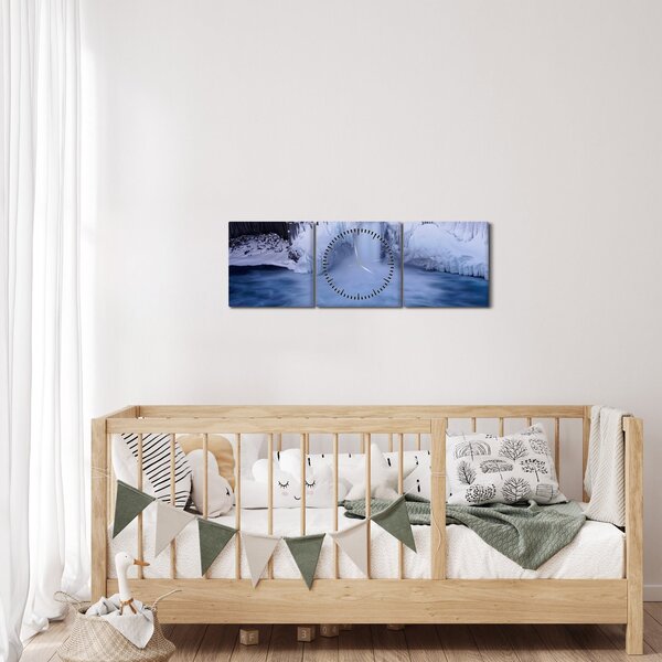 Obraz wodospadu zimą (z zegarem) (90x30 cm)