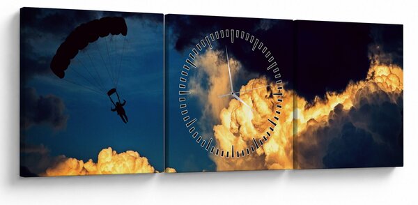 Obraz skoczka spadochronowego w chmurach (z zegarem) (90x30 cm)