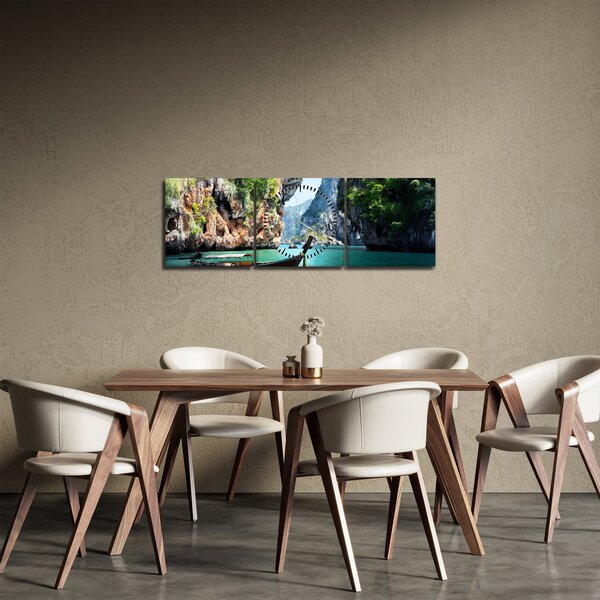 Obraz długiej łodzi na plaży (z zegarem) (90x30 cm)