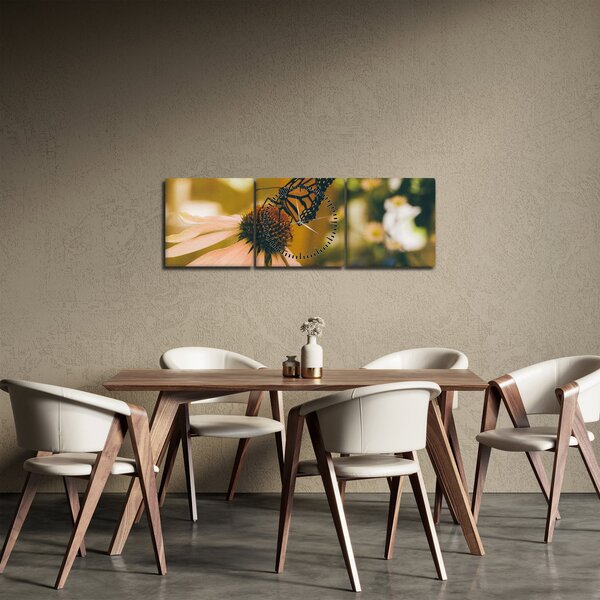 Obraz motyla na kwiatku (z zegarem) (90x30 cm)