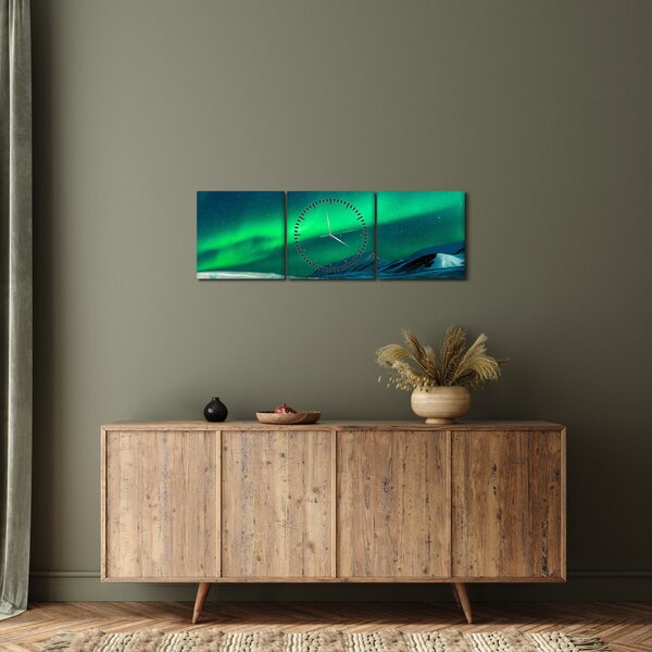 Obraz ludzi w pobliżu zorzy polarnej (z zegarem) (90x30 cm)