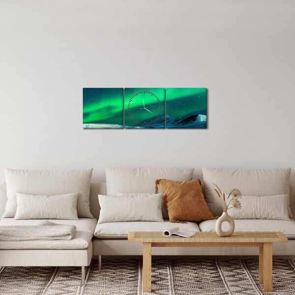 Obraz ludzi w pobliżu zorzy polarnej (z zegarem) (90x30 cm)
