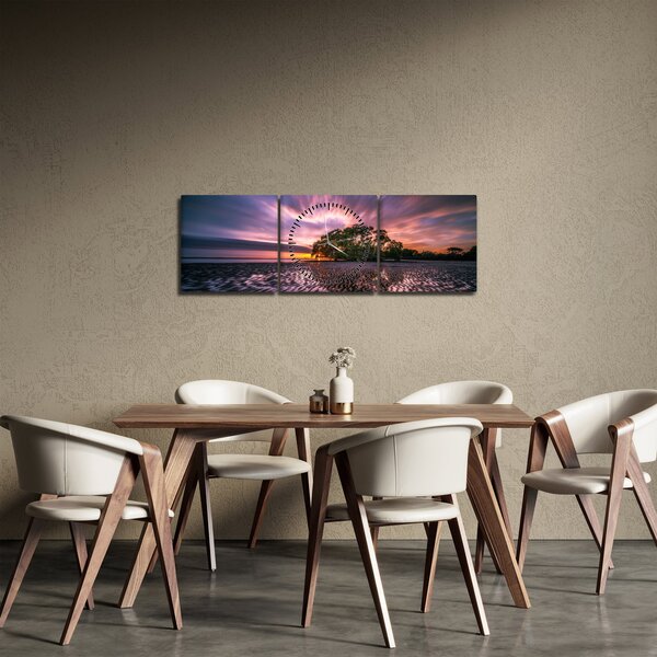 Obraz plaży o zachodzie słońca (z zegarem) (90x30 cm)