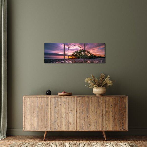 Obraz plaży o zachodzie słońca (z zegarem) (90x30 cm)