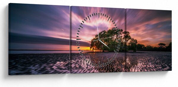 Obraz plaży o zachodzie słońca (z zegarem) (90x30 cm)