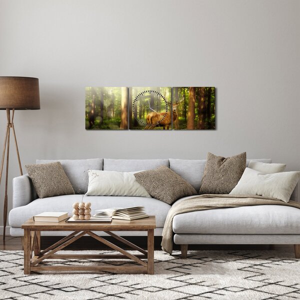 Obraz jelenia w lesie (z zegarem) (90x30 cm)