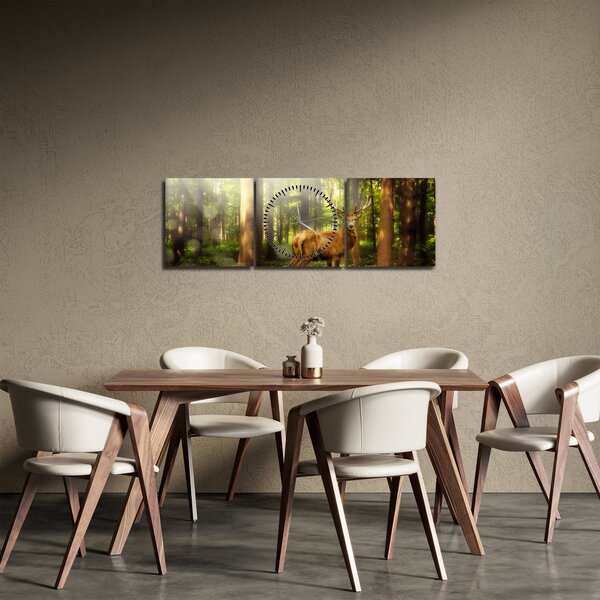 Obraz jelenia w lesie (z zegarem) (90x30 cm)