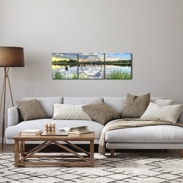 Obraz jeziora z trzcinami (z zegarem) (90x30 cm)