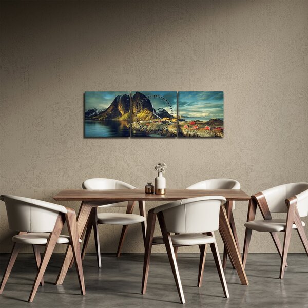 Obraz wioski rybackiej w Norwegii (z zegarem) (90x30 cm)