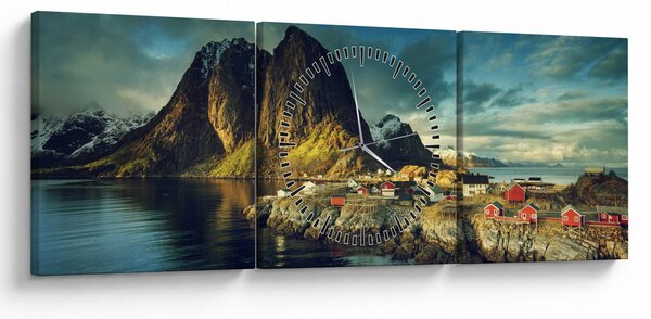 Obraz wioski rybackiej w Norwegii (z zegarem) (90x30 cm)