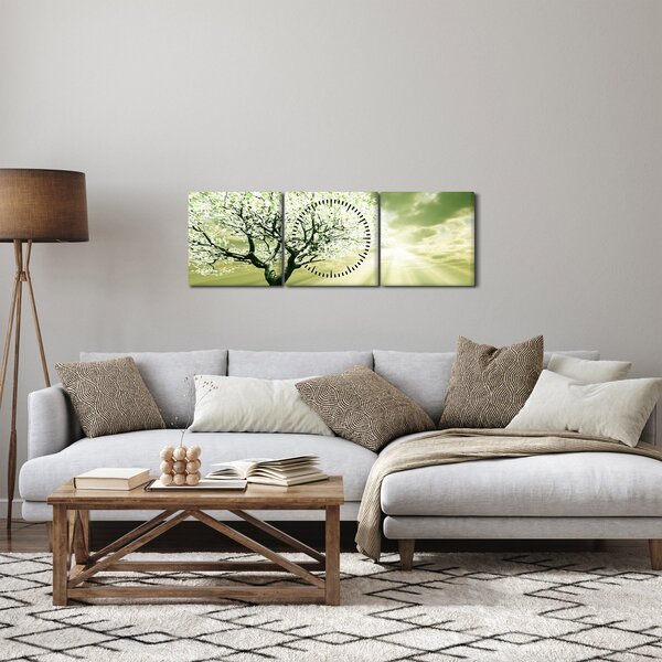 Obraz drzewa na łące (z zegarem) (90x30 cm)