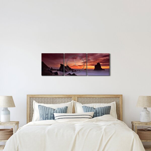 Obraz zachodu słońca na wybrzeżu (z zegarem) (90x30 cm)
