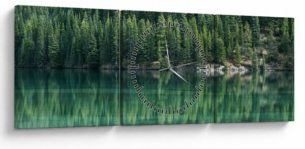 Obraz - drzewa iglaste nad jeziorem (z zegarem) (90x30 cm)