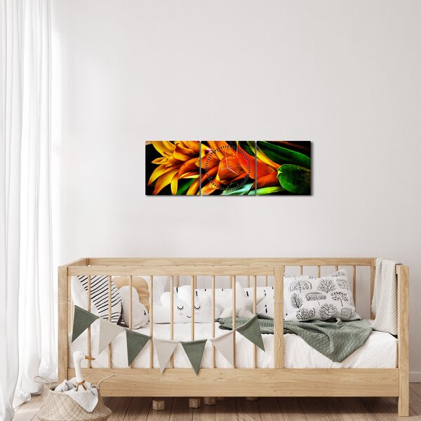 Obraz pomarańczowego kwiatu (z zegarem) (90x30 cm)