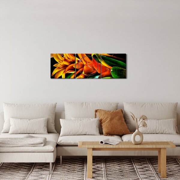 Obraz pomarańczowego kwiatu (z zegarem) (90x30 cm)