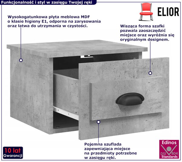 Wisząca szafka nocna z szufladą szary beton T3-D11