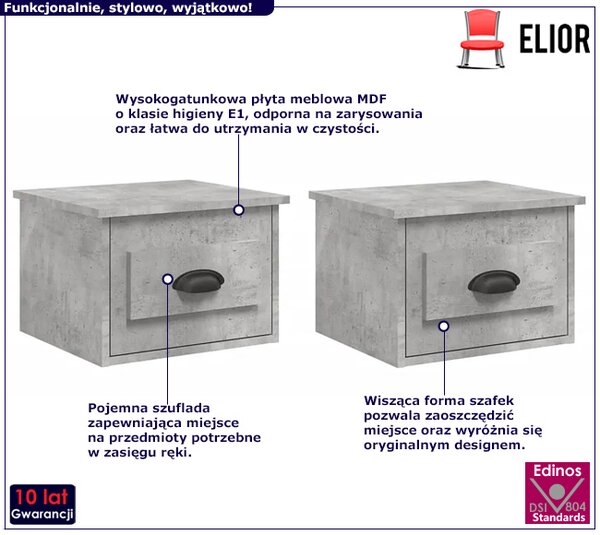 Zestaw wiszących szafek nocnych w kolorze szarego betonu W5-A09
