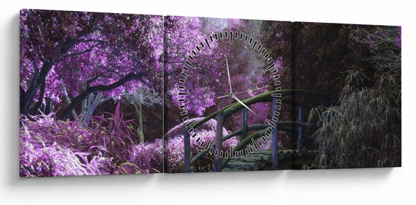 Obraz fioletowego ogrodu (z zegarem) (90x30 cm)
