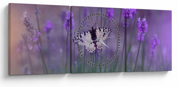 Obraz - Motyl w lawendach (z zegarem) (90x30 cm)