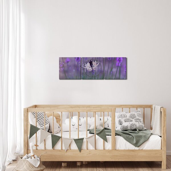Obraz - Motyl w lawendach (z zegarem) (90x30 cm)