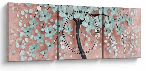 Obraz - Pastelowe niebieskie kwiaty (z zegarem) (90x30 cm)