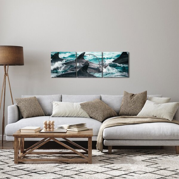 Obraz - Delfiny w oceanie (z zegarem) (90x30 cm)