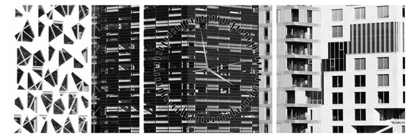 Obraz architektury czarno-białej (z zegarem) (90x30 cm)