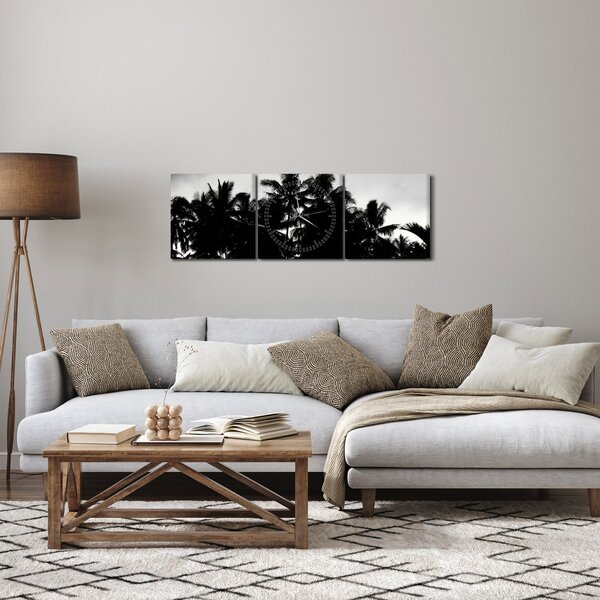 Obraz czarno - biały - palmy (z zegarem) (90x30 cm)