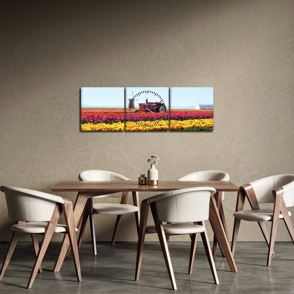Obraz farmy tulipanów (z zegarem) (90x30 cm)