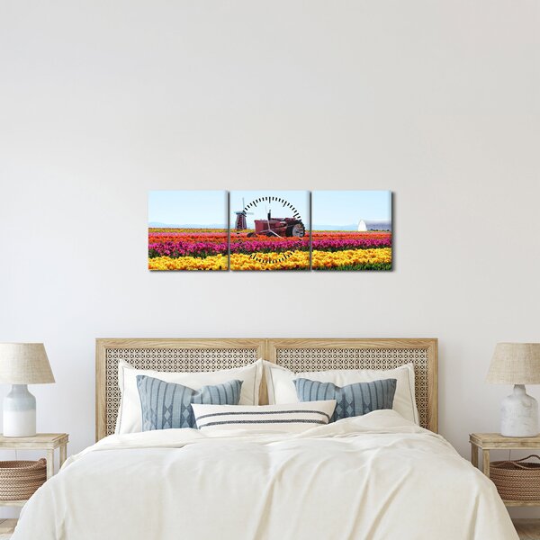 Obraz farmy tulipanów (z zegarem) (90x30 cm)