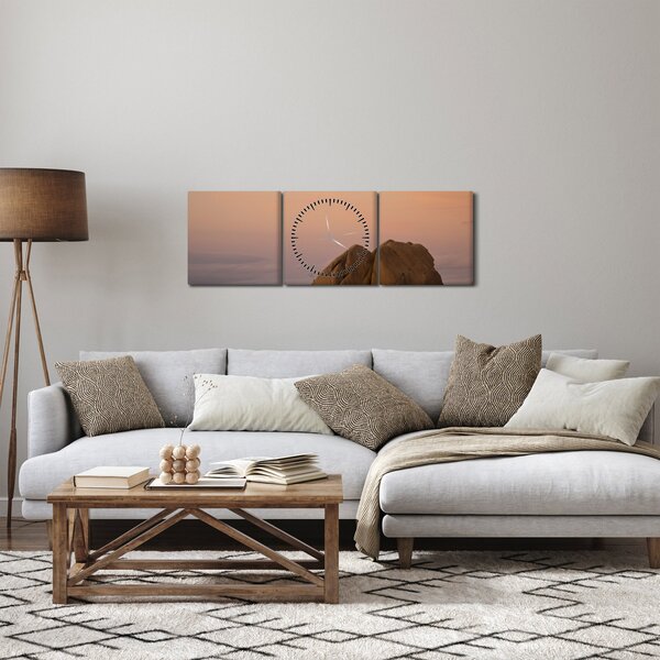 Obraz zachodu słońca w skałach (z zegarem) (90x30 cm)