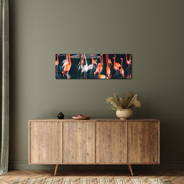 Obraz stada flamingów (z zegarem) (90x30 cm)