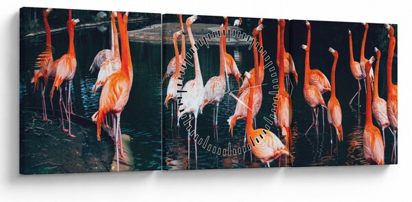 Obraz stada flamingów (z zegarem) (90x30 cm)