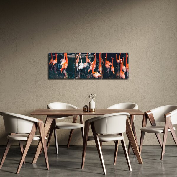 Obraz stada flamingów (z zegarem) (90x30 cm)