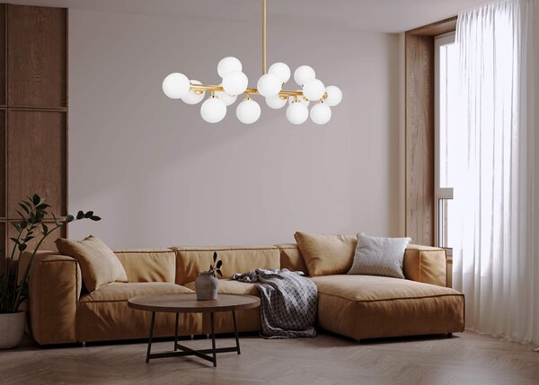 LAMPA WISZĄCA SUFITOWA NOWOCZESNA ZŁOTA BIAŁE KULE PETRICA 16