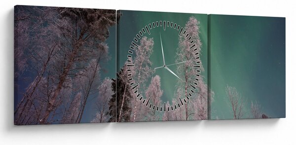 Obraz zorzy polarnej nad zamarzniętymi drzewami (z zegarem) (90x30 cm)