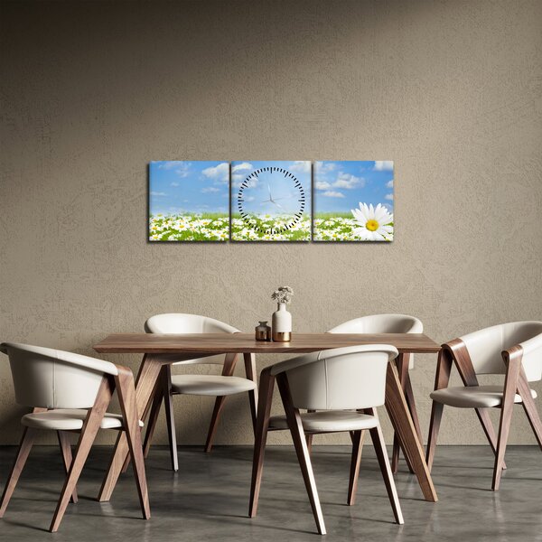 Obraz kwitnącej łąki ze stokrotkami (z zegarem) (90x30 cm)