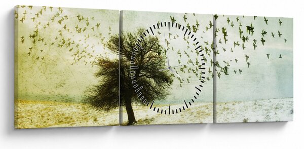 Obraz - Malowane stado ptaków (z zegarem) (90x30 cm)