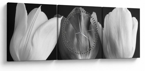 Obraz - Czarno - białe kwiaty tulipanów (z zegarem) (90x30 cm)