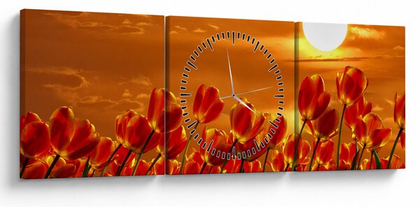Obraz kwitnącego pola z tulipanami (z zegarem) (90x30 cm)