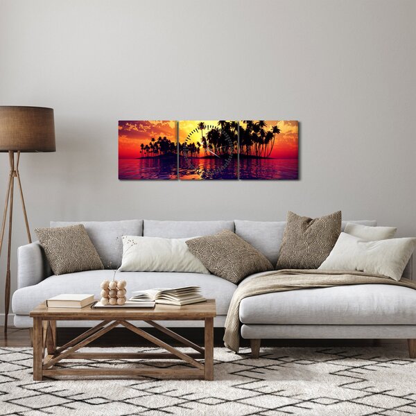 Obraz wyspy o zachodzie słońca (z zegarem) (90x30 cm)