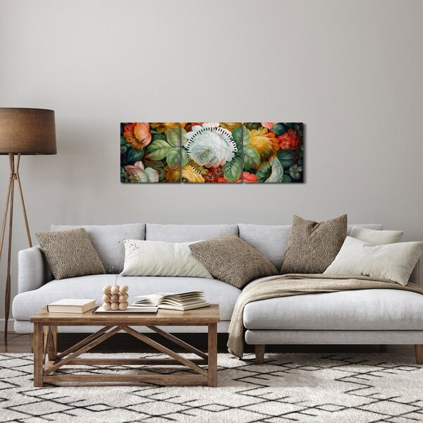 Obraz namalowanego bukietu kwiatów (z zegarem) (90x30 cm)
