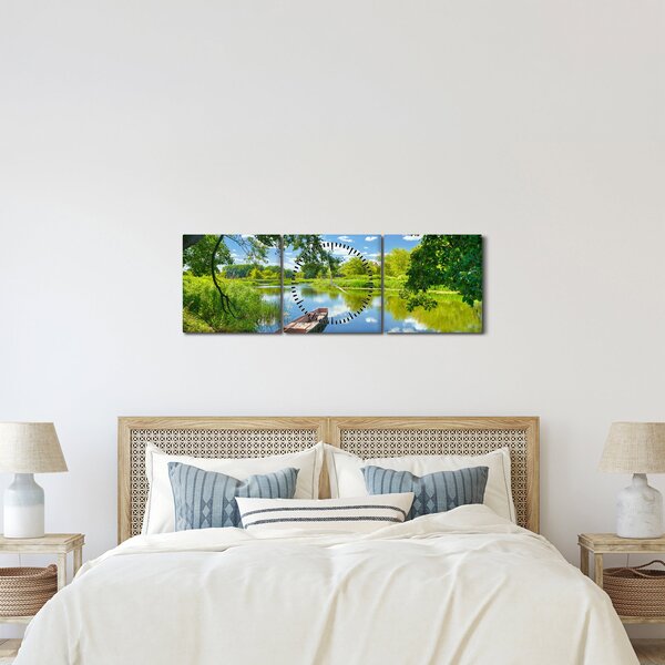 Obraz letniej rzeki z łodzią (z zegarem) (90x30 cm)