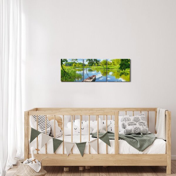 Obraz letniej rzeki z łodzią (z zegarem) (90x30 cm)