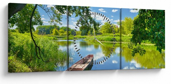 Obraz letniej rzeki z łodzią (z zegarem) (90x30 cm)