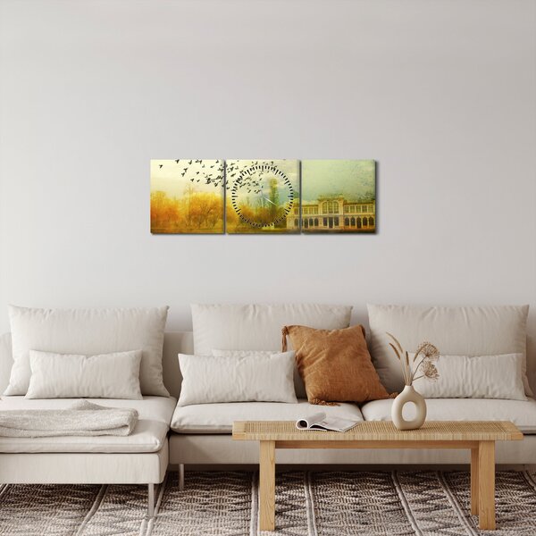 Obraz namalowanego krajobrazu z rezydencją (z zegarem) (90x30 cm)