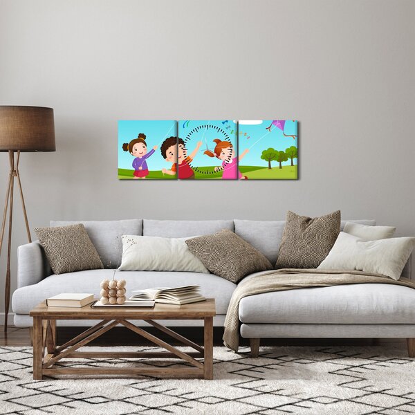 Obraz - Dzieci latają latawcem (z zegarem) (90x30 cm)