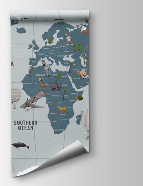 Fototapeta Mapa świata ze zwierzętami, Fototapety Dziecięce, Popularne Fototapety, u72588 - Tapeko.pl
