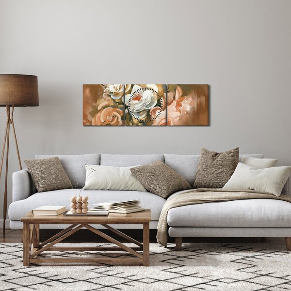 Obraz- Malowany bukiet kwiatów (z zegarem) (90x30 cm)